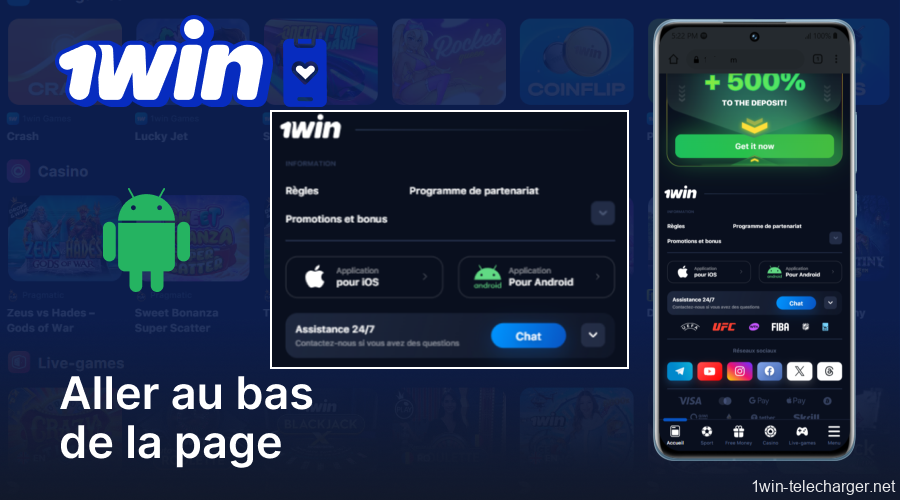 Accédez au pied de page du site 1Win