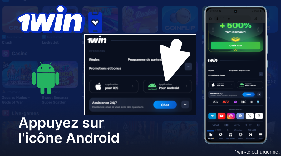 Appuyez sur l'icône « Pour Android » pour commencer à télécharger l'application 1win