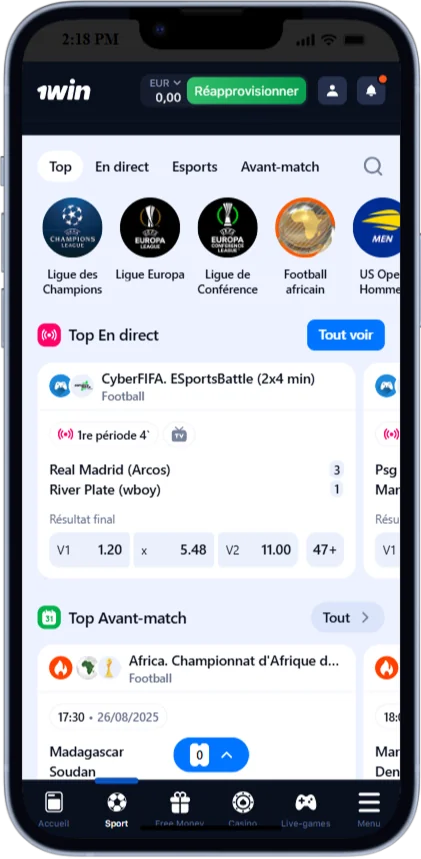Capture d'écran de la page de paris sportifs de l'application 1win