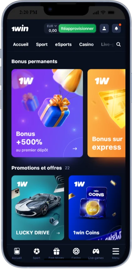 Capture d'écran de la page bonus de l'application 1win